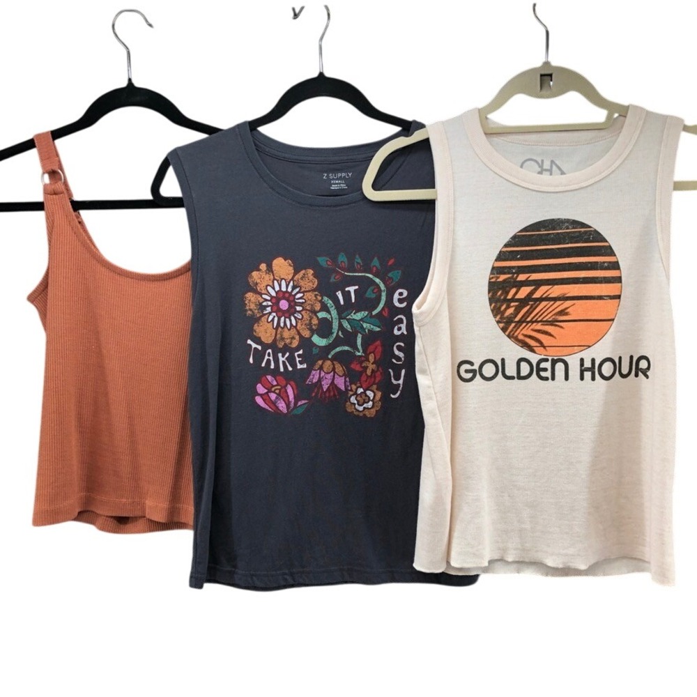 Chaser Z Supply Tank Tops Women XS S Bundle Orange Grey Cream Graphic Ribbed